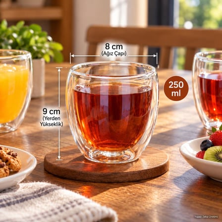Bardak Kupa 250 ml Çift Cidarlı Cam Çay Kahve Bardağı 