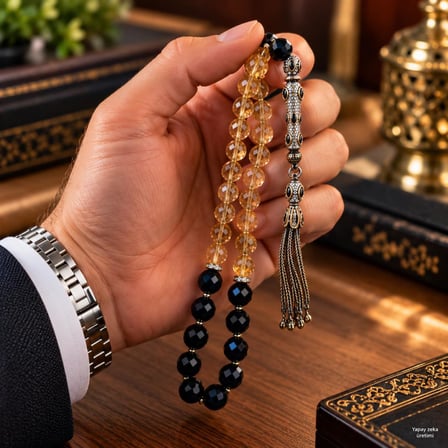 Tesbih Sitrin Obsidyen Taşlı 925 Ayar Gümüş Sertifikalı Püsküllü Faset Kesim Premium Kalite Özel Tasarım