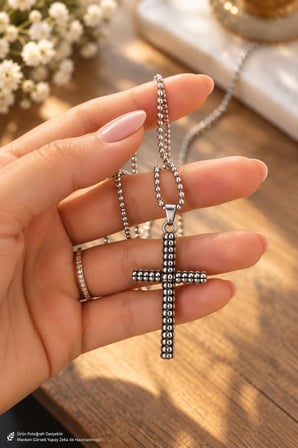 Çelik Haç Kolye Gümüş Renk Unisex 316 L Stainless Steel Cross Necklace Kutulu 