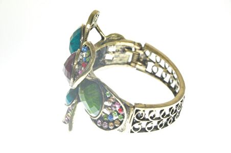Hdmarketim Otantik Swarovski Taşlı Çiçekli Kelepçe Metal Bileklik
