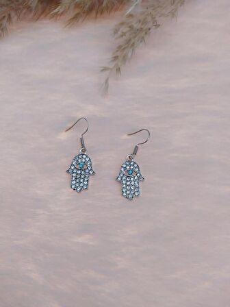 Hdmarketim Otantik Swarovski Taşlı Sallantılı Hamsa Figürlü Küpe Beyaz