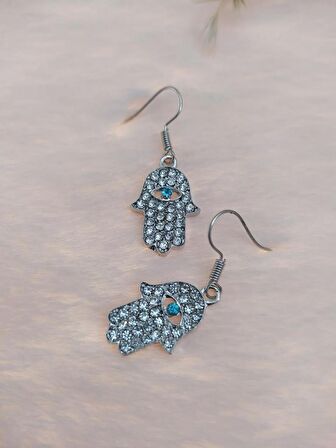 Hdmarketim Otantik Swarovski Taşlı Sallantılı Hamsa Figürlü Küpe Beyaz