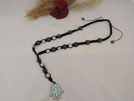 Makrome Örgülü Beyaz Maji Swarovski Ve Hematit Taşlı Kolye