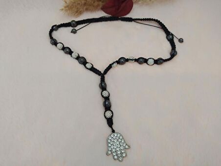 Makrome Örgülü Beyaz Maji Swarovski Ve Hematit Taşlı Kolye