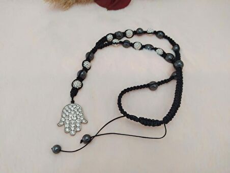 Makrome Örgülü Beyaz Maji Swarovski Ve Hematit Taşlı Kolye