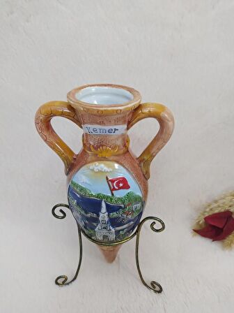 Testi  Vazo Çiçeklik Amfora Kulplu Ayaklı Vazo  Kemer Yazılı Seramik
