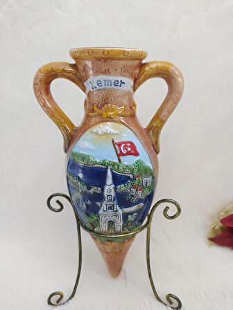 Testi  Vazo Çiçeklik Amfora Kulplu Ayaklı Vazo  Kemer Yazılı Seramik