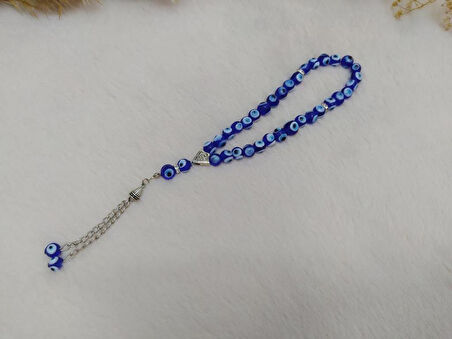 Tesbih Cam 8 mm Nazar Boncuklu Kötü göz kovucu el işi Mavi Renk Hediyelik Hakiki Cam Tespih