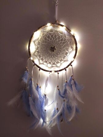 Led Işıklı Düş Kapanı Dreamcatcher Renkli Kuş Tüyü Rüya Kapanı Duvar Süsü Elişi