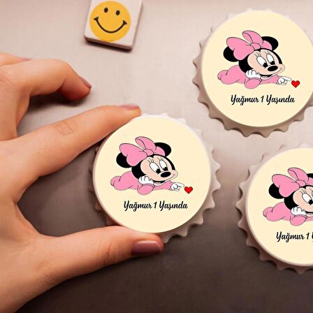 İsme Özel Baskılı Minnie Mause Doğum Günü Açacak Magnet 10 adet