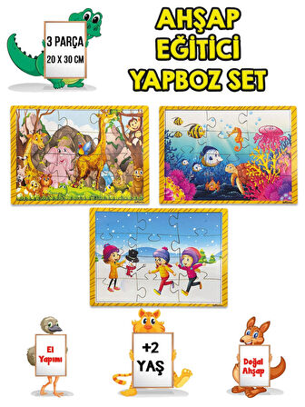 3 lü Set Eğitici Ahşap Yapboz Puzzle 12 Parçalı Oyuncak +2 Yaş Hayvanlar - Akvaryum - Çocuklar