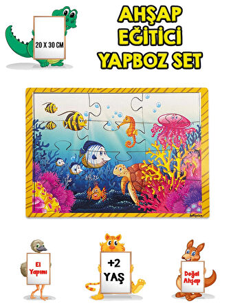 3 lü Set Eğitici Ahşap Yapboz Puzzle 12 Parçalı Oyuncak +2 Yaş Hayvanlar - Akvaryum - Çocuklar