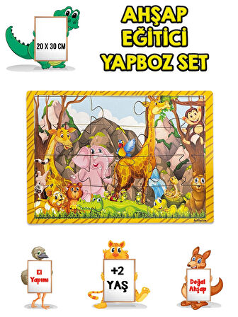 3 lü Set Eğitici Ahşap Yapboz Puzzle 12 Parçalı Oyuncak +2 Yaş Hayvanlar - Akvaryum - Çocuklar