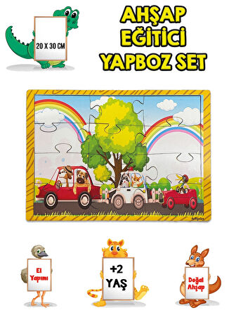 3 lü Set Eğitici Ahşap Yapboz Puzzle 12 Parçalı Oyuncak +2 Yaş Uzay - Sayılar - Arabalar