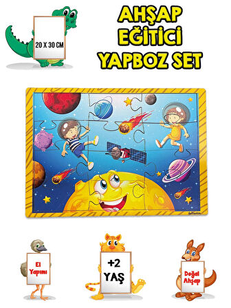 3 lü Set Eğitici Ahşap Yapboz Puzzle 12 Parçalı Oyuncak +2 Yaş Uzay - Sayılar - Arabalar