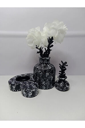 Siyah Dekoratif Desenli Vazo Takımı İskandinav Pampas Hediyelik Sunumluk