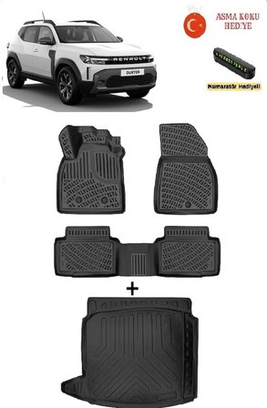 Renault Duster (Eco G / e-Tech / Tce | 4X2)  2024 Sonrası Uyumlu  3D Havuzlu Paspas ve 3D Sabit Zemin Bagaj Havuzu Seti ASMA KOKU VE NUMARATÖR HEDİYELİ