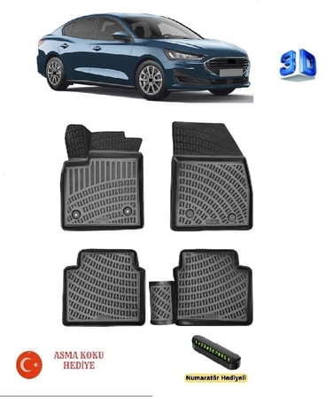 Rizline Ford Focus Sedan 2018 Sonrası Uyumlu 3D Havuzlu Paspas (Sağ Yolcuda Klips Yok) ASMA KOKU VE NUMARATÖR HEDİYELİ