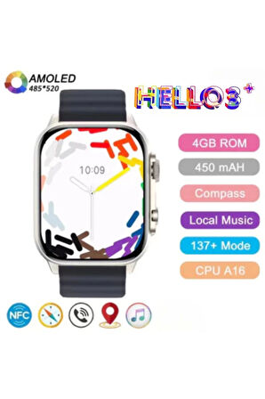 Akıllı Saat Hello Watch 3 Plus Amoled 3 Kordon Ultra 49mm Şarj Pusula 4gb Akıllı Saat