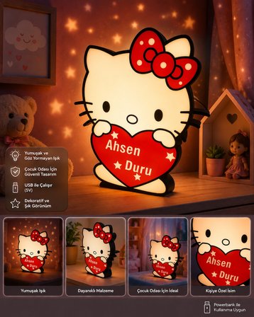 İsimli Hello Kitty Figürlü Led Gece Lambası Usb Çocuk Odası Dekoratif Masa Lambası 