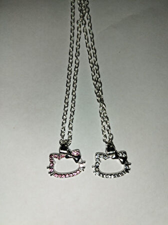 Silver Hello Kitty Taşlı Çift  BF Kolye Aksesuar Şık Takı Hediyelik Aksesuar