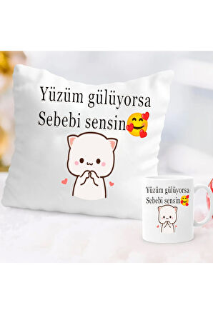 yuzum guluyorsa sebebi sensin yazili yastik kupa set