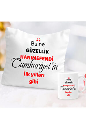 Bu ne guzellik hanimefendi yazili yastik kupa set