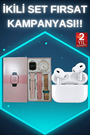 3 Kordonlu Pembe Amoled Ekran Akıllı Saat Ve Yeni Nesil Kablosuz Bluetooth Kulaklık Anc/Enc