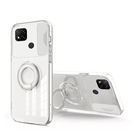 Ally Redmi 9C Kılıf Sürgülü Kamera Lens Korumalı Yüzük Standlı Silikon Kılıf-(5775)