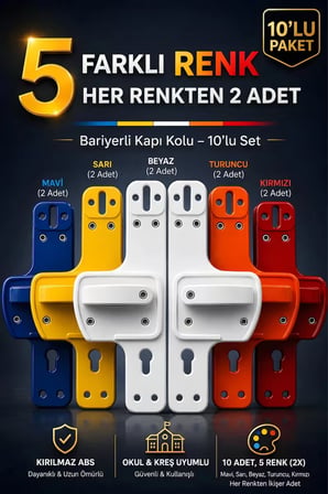 Okul Tipi Bariyerli Kapı Kolu | 10'lu Paket | Çocuk Güvenlikli | 5 Farklı Renk | Her Renkten 2 Adet