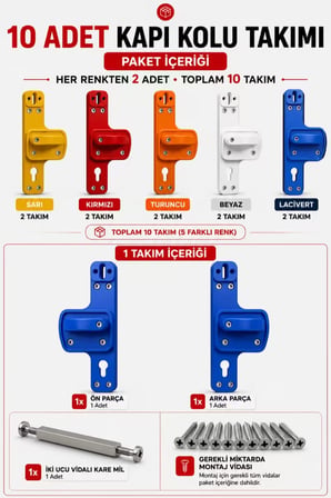 Okul Tipi Bariyerli Kapı Kolu | 10'lu Paket | Çocuk Güvenlikli | 5 Farklı Renk | Her Renkten 2 Adet