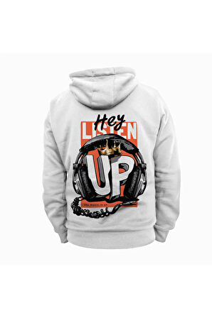 Hey Listen Up Beyaz Kapüşonlu Sweatshirt Kalın Kumaş