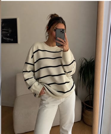 Kadın Çizgili Balıkçı Yaka Oversize Triko Kazak Uzun Kollu Salaş Model
