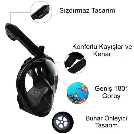 Yetişkinler İçin Tam Yüz Şnorkel Maskesi, 180° Görüş, Anti Sis, Kolay Nefes, Kuru Şnorkel