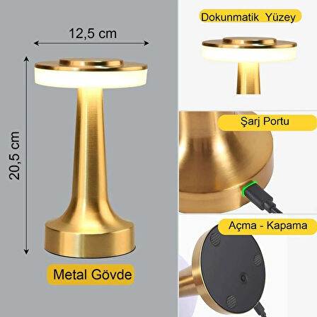 Dokunmatik Şarjlı Metal Masa Lambası 3 Renk Kısılabilir Taşınabilir Retro LED