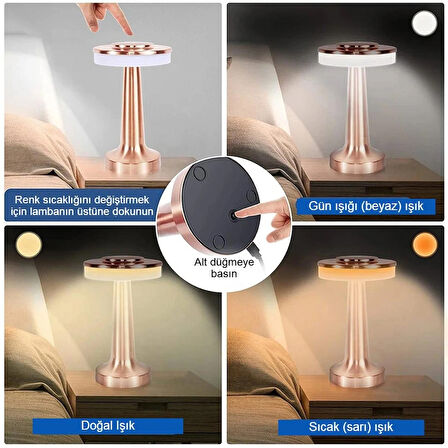 Dokunmatik Şarjlı Metal Masa Lambası 3 Renk Kısılabilir Taşınabilir Retro LED