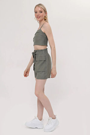 ikli crop şort takımı yeşil reng