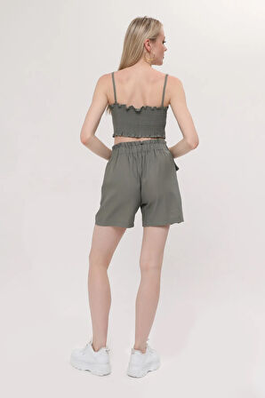 ikli crop şort takımı yeşil reng