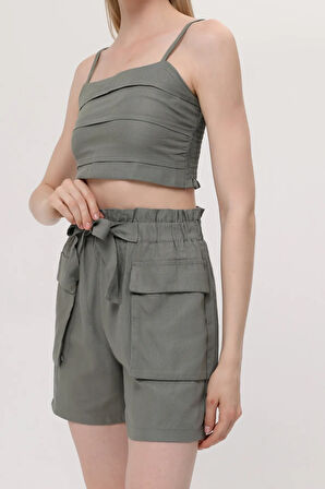 ikli crop şort takımı yeşil reng