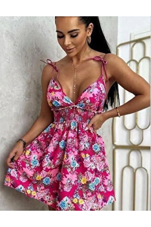 Omuzdan Bağlamalı Çiçekli mini Elbise