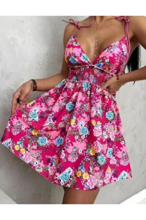 Omuzdan Bağlamalı Çiçekli mini Elbise