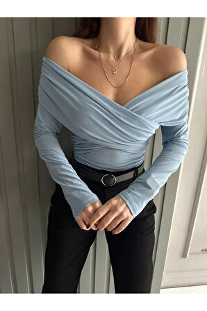 Kruvaze yakalı Bluz bebek mavisi