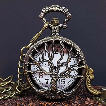 Hayat Ağacı Desenli Eskitme Metal Gövdeli Nostaljik Köstekli Hediyelik Cep Saati
