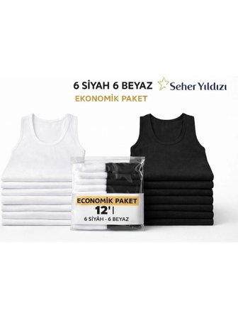 Seher Yıldızı 12'li Paket Seher Yıldızı %100 Pamuk Klasik Penye Erkek Atlet Siyah- Beyaz