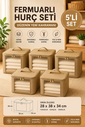 5'li Set  Şeffaf Kapaklı Hurç – 28x32x15 cm Orta Boy Dolap İçi Kıyafet ve Havlu Düzenleyici