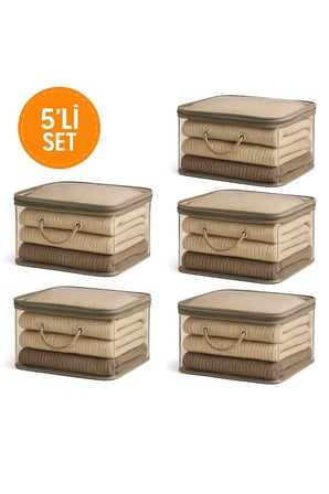 5'li Set  Şeffaf Kapaklı Hurç – 28x32x15 cm Orta Boy Dolap İçi Kıyafet ve Havlu Düzenleyici