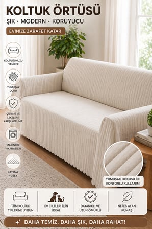 Premium Çizgili Kırık Beyaz Koltuk Örtüsü – Kaymaz, Şık ve Modern Tasarım