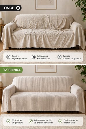 Premium Çizgili Kırık Beyaz Koltuk Örtüsü – Kaymaz, Şık ve Modern Tasarım