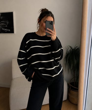 Kadın Çizgili Balıkçı Yaka Oversize Triko Kazak Uzun Kollu Salaş Model