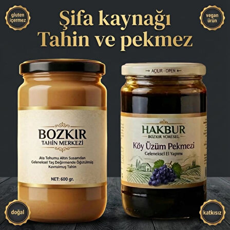 Bozkır Tahin Merkezi Muhteşem İkili Altın Susam Kavrulmuş Tahin 600gr-Köy Üzüm Pekmezi 800gr (doğal&katkısız)